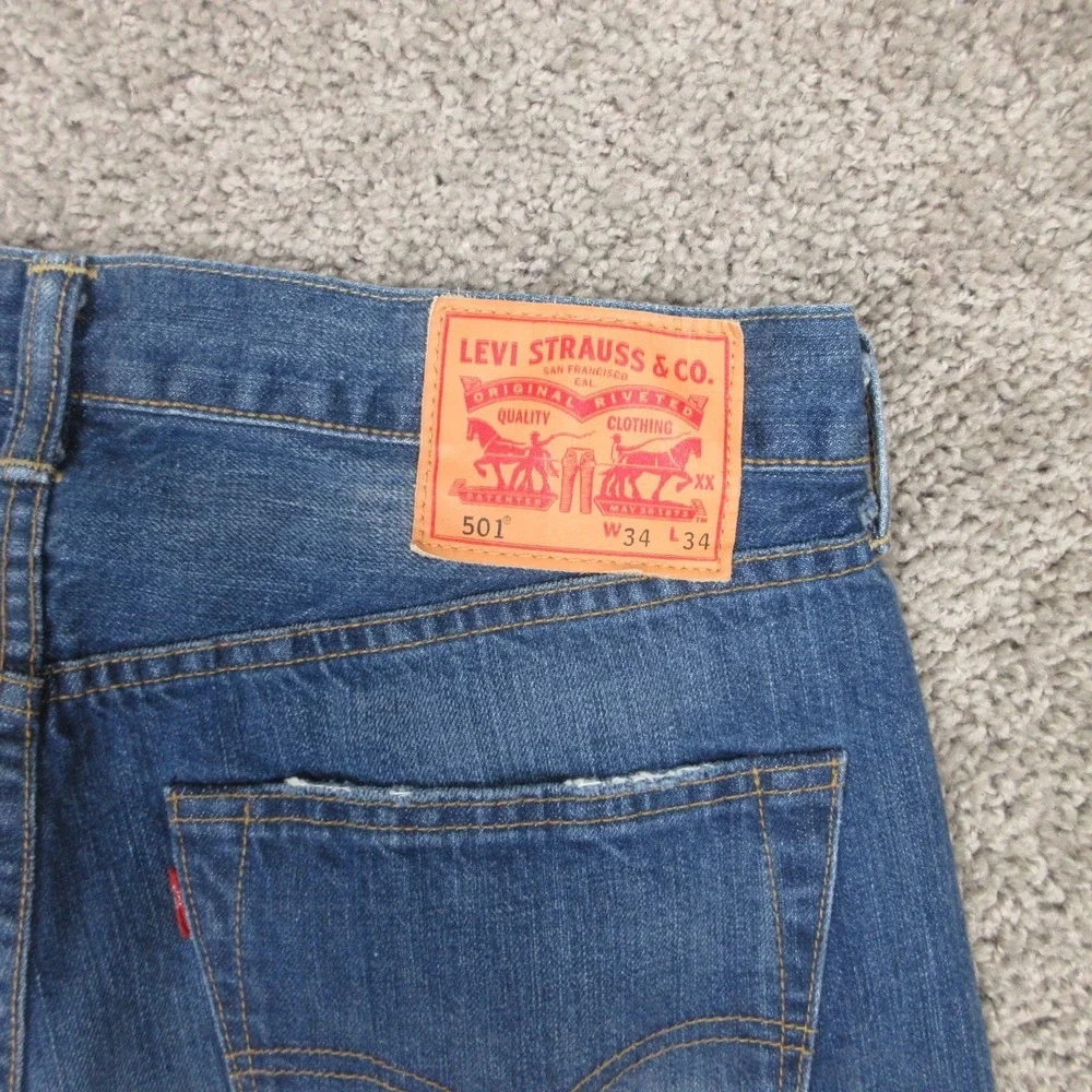 Levis Jeans Mens 34x34 Blue 501 Button Fly Faded Whisker Cotton Denim Pants‎